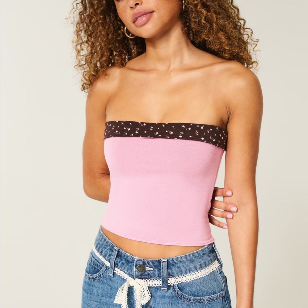 Hollister Pink and Black Strapless Crop Top